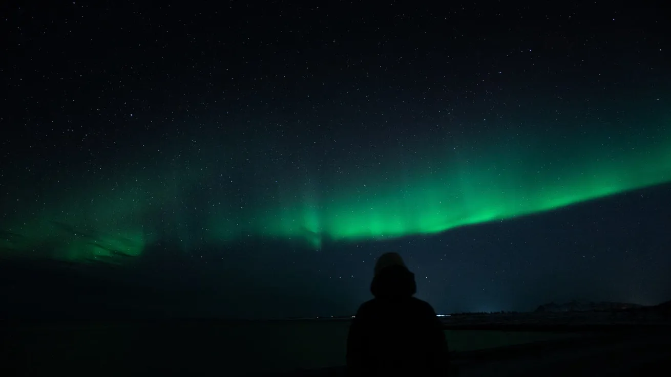 dansende nordlys over en m&oslash;rk himmel med fjell i horisonten