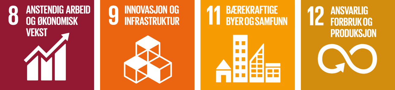 Ikoner for å symoblisere anstendig arbeid og økonomisk vekst, innovasjon og infrastruktur, bærekraftige byer og samfunn og ansvarlig forbruk og produksjon.