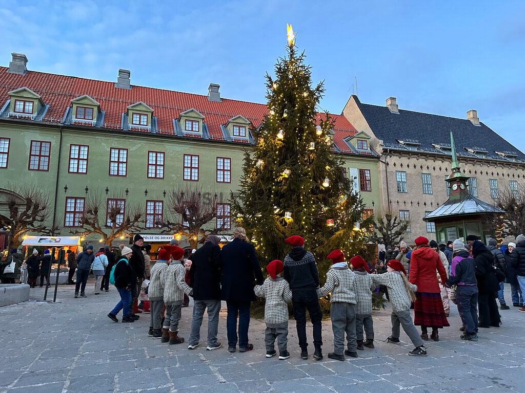 Julemarkedscene med stort pyntet tre, historiske bygninger og en folkemengde samlet på torget i skumringen.
