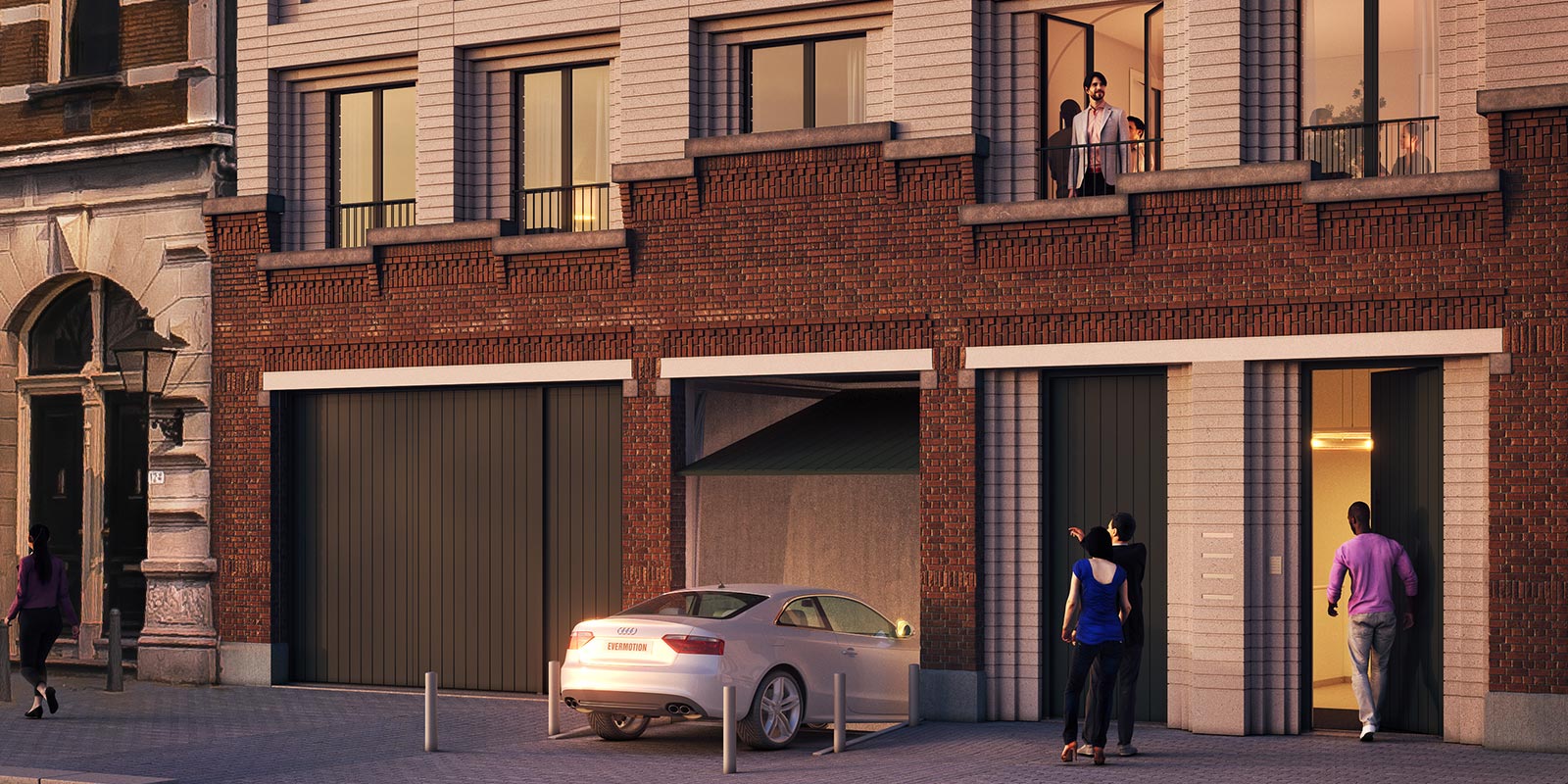 3D-bilde av bil som kjører inn i parkeringshus i Hulstkamp Apartments