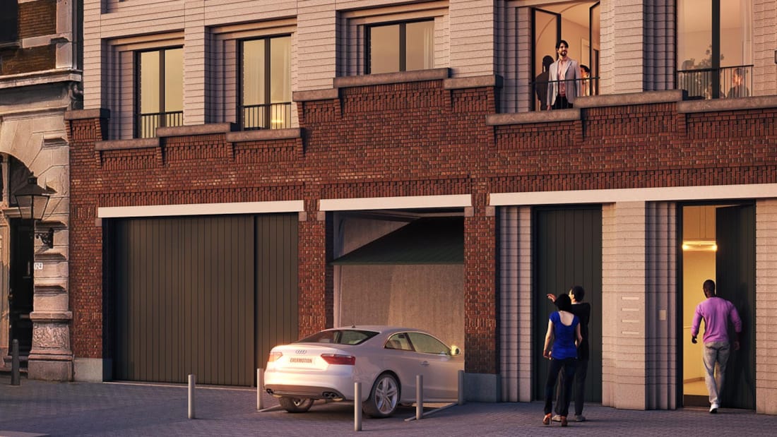 3D-bilde av bil som kjører inn i parkeringshus i Hulstkamp Apartments