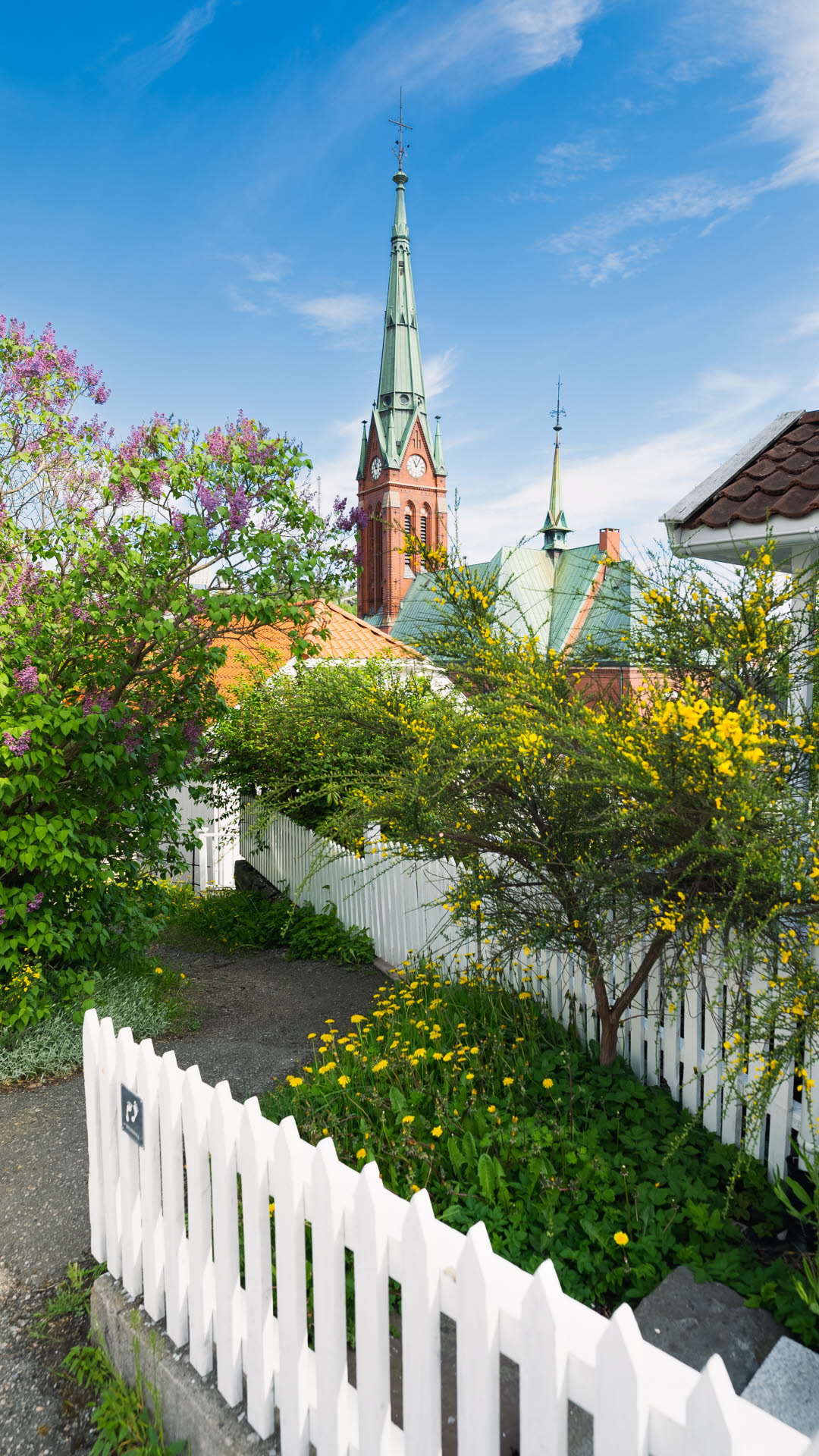 Arendal kirke i bakgrunnen, med bygninger, hager og siter i forgrunnen.