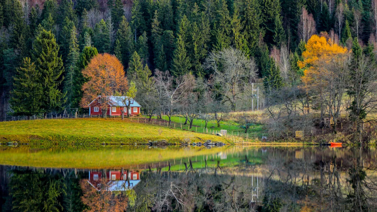 Semsvann i Asker. En r&oslash;d hytte, med huskestativ utenfor. I forgrunnen ses vann. i bakgrunn skog i h&oslash;stfarger.