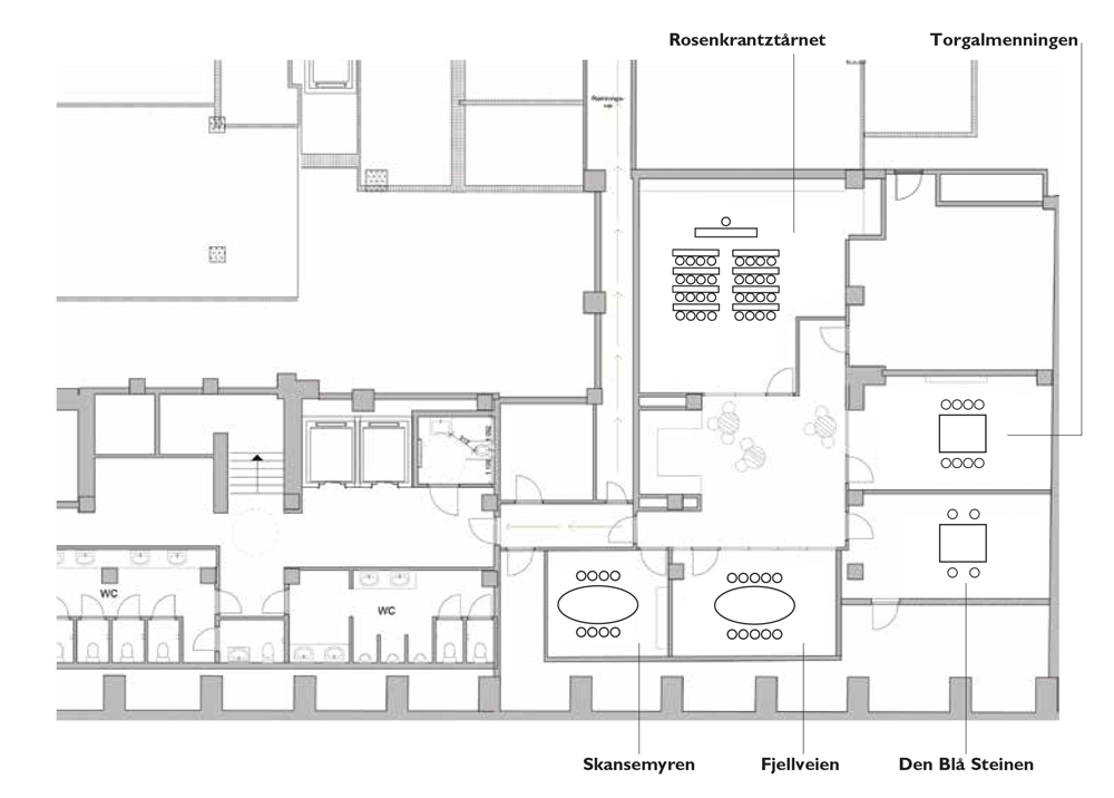 Plantegning over underetasjen i konferanseavdelingen på Thon Hotel Rosenkrantz Bergen