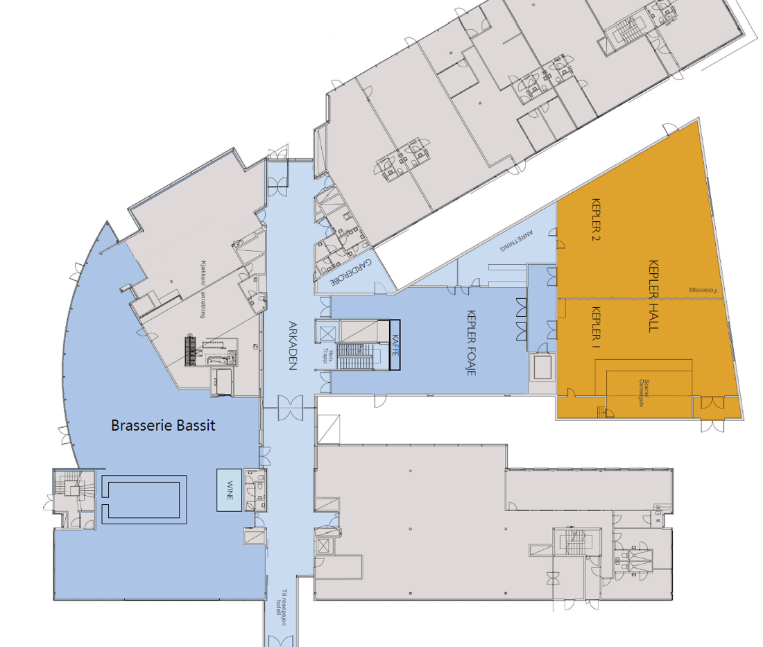 Plantegning over 1. etasje i konferanseavdelingen på Thon Hotel Oslo Airport