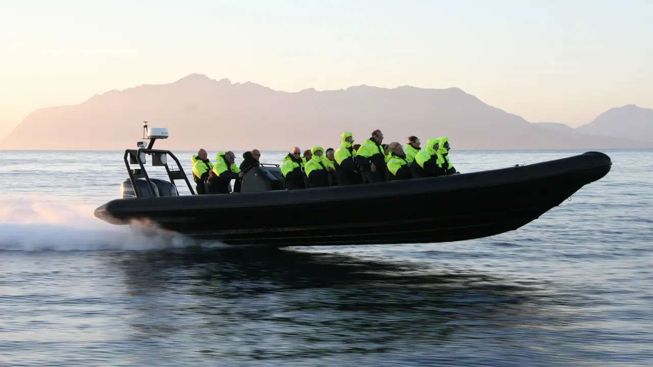 Mennesker i gule vester på rib båt