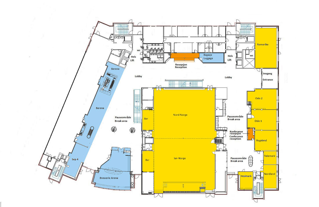 Plantegning over 1. etasje i konferanseavdelingen på Thon Hotel Arena