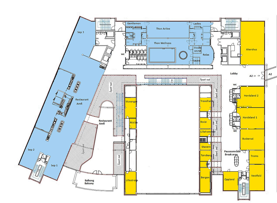 Plantegning over 2. etasje i konferanseavdelingen på Thon Hotel Arena