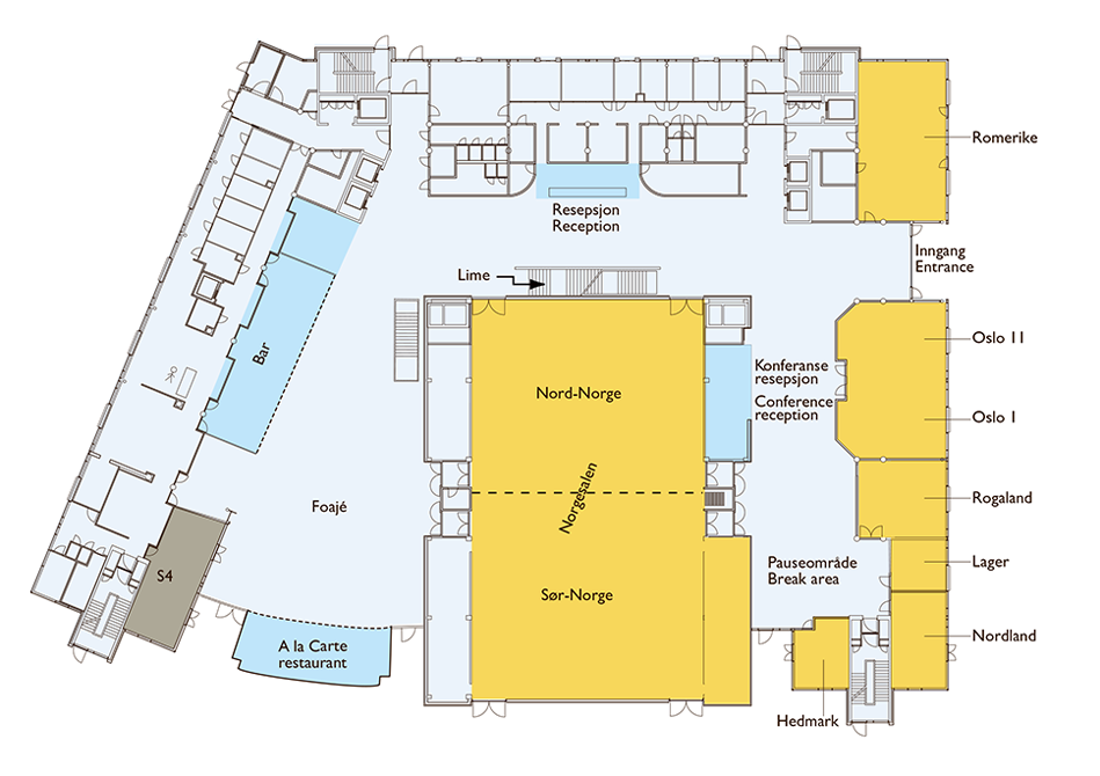 Plantegning over 1. etasje i konferanseavdelingen på Thon Hotel Arena