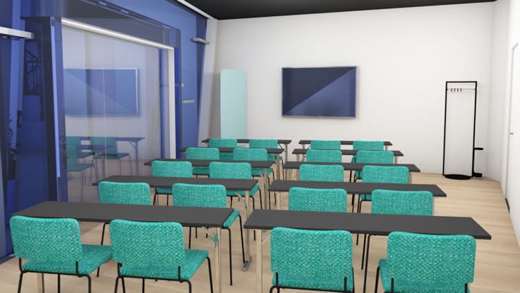 3D Illustrasjon av møterom i klasseromsoppsett og utgang til terrasse