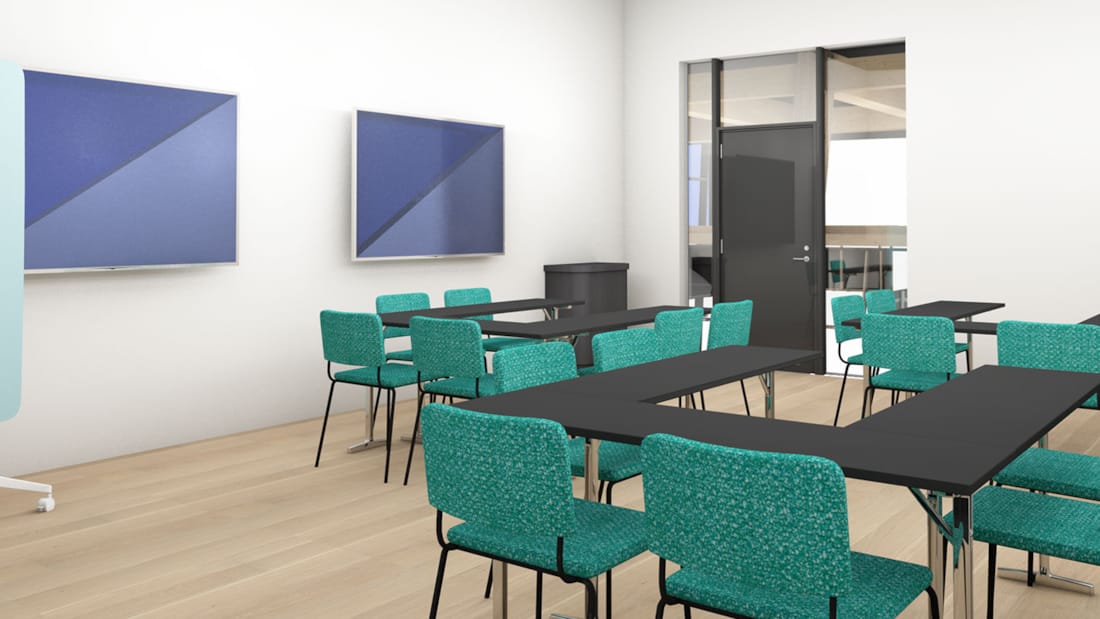 3D Illustrasjon av møterom i oppsett med gruppebord