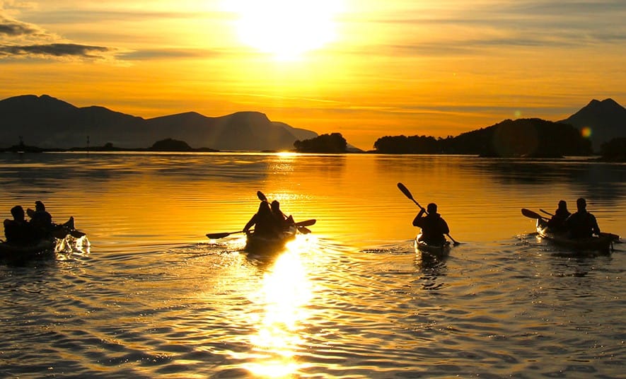 Fire kajakk med personer som padler med solnedgangen i bakgrunnen