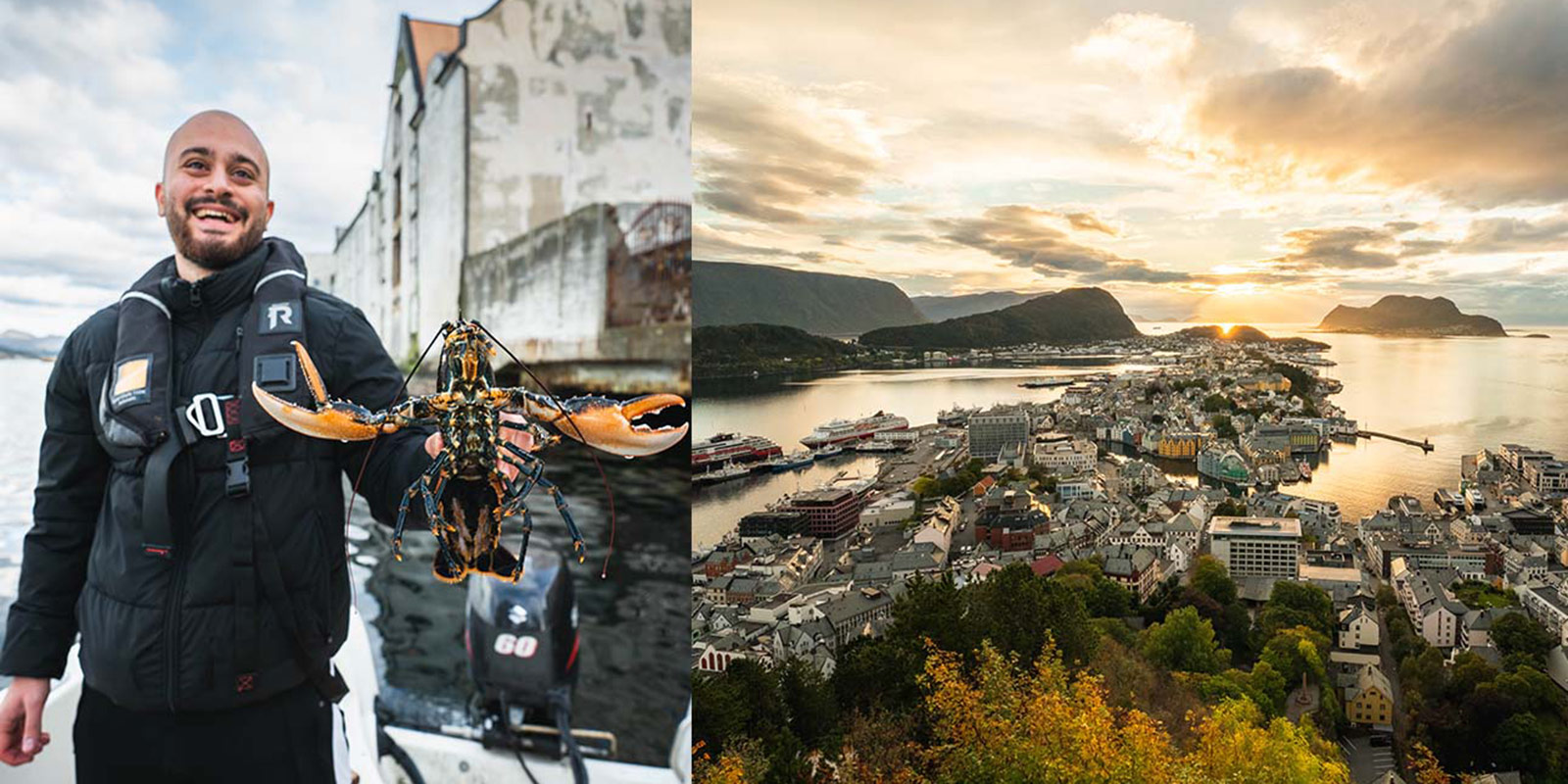 Collage med to bilder, hvor det ene viser en mann i våtdrakt som holder en krabbe, mens det andre bildet viser et oversiktsbilde av Ålesund by i solnedgang