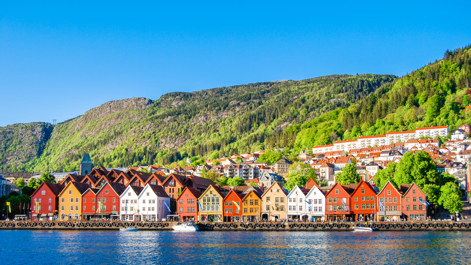 Bryggen i Bergen med sine karakteristiske bygninger. I front ses Vågen. I bakgrunnen ses grønnkledd fjell.