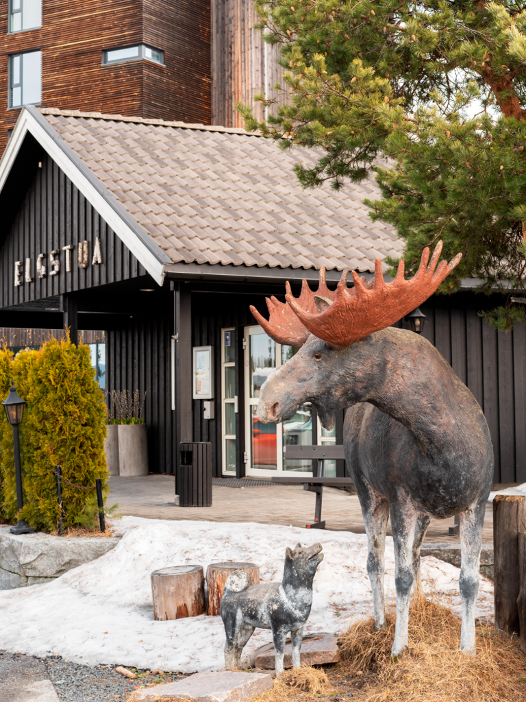 Inngangen til Thon Partner Hotel Elgstua med en elgstatue til høyre for inngangen.