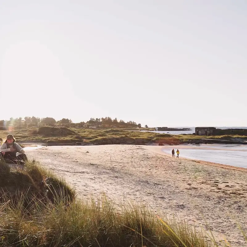 Lang sandstrand med sanddyner i forgrunnen og havet i bakgrunnen. Lett overskyet vær med solen som titter igjennom og lager fine farger i bildet. To mennesker kan skimtes på tur lengst bort i bildet.