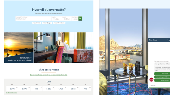 Skjermbilde av forsiden på thonhotels.no med chatbot nede i høyre hjørne