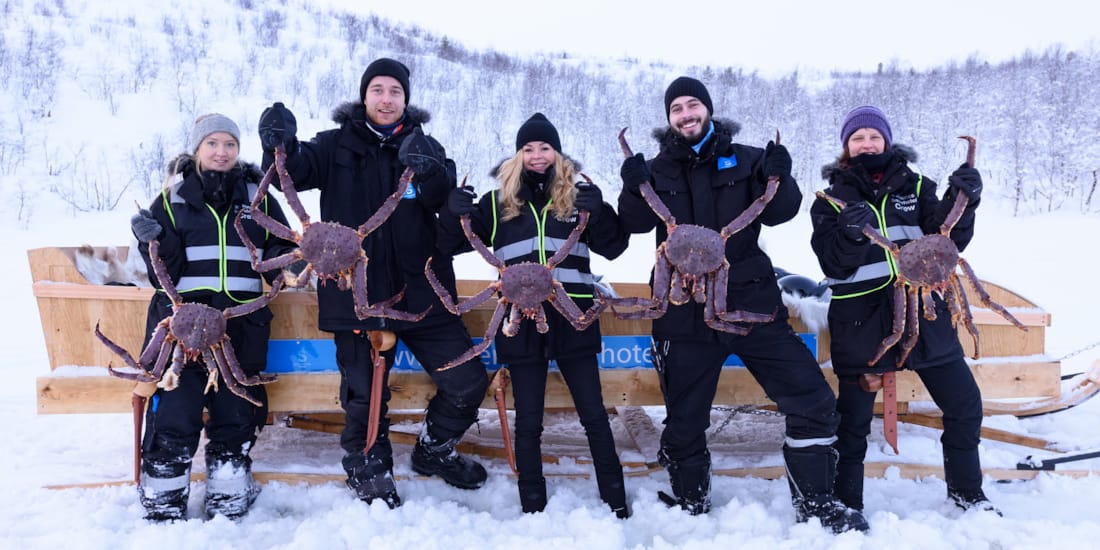 Konferansedeltakere holder opp hver sin prektige kongekrabbe på havisen i Kirkenes