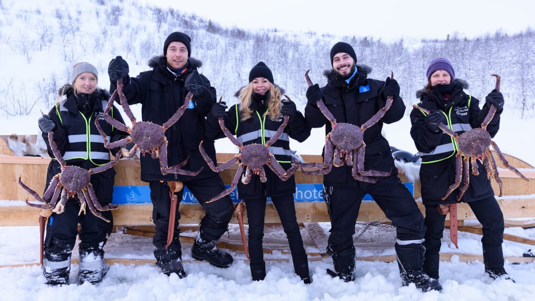 Konferansedeltakere holder opp hver sin prektige kongekrabbe på havisen i Kirkenes