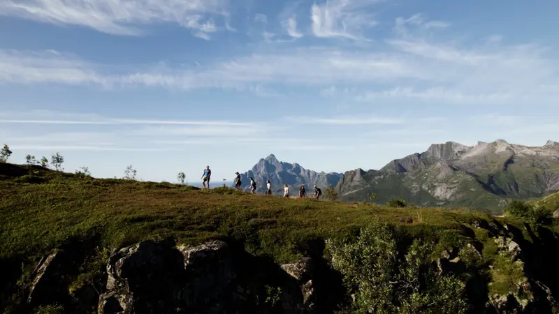 Utsikt over fjellandskap og blått hav i Lofoten.